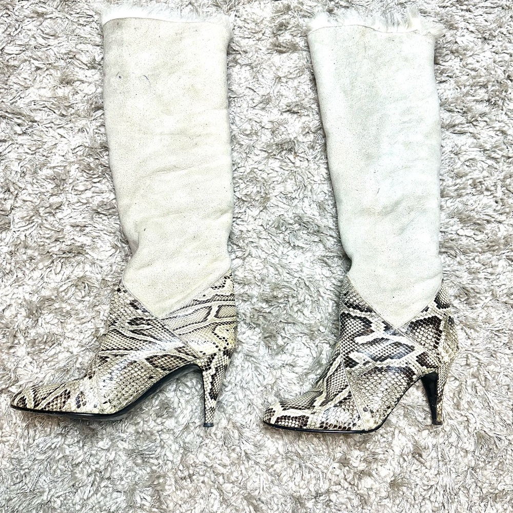 Python Shearling Tall Boots Beige Made In Italy Size 7